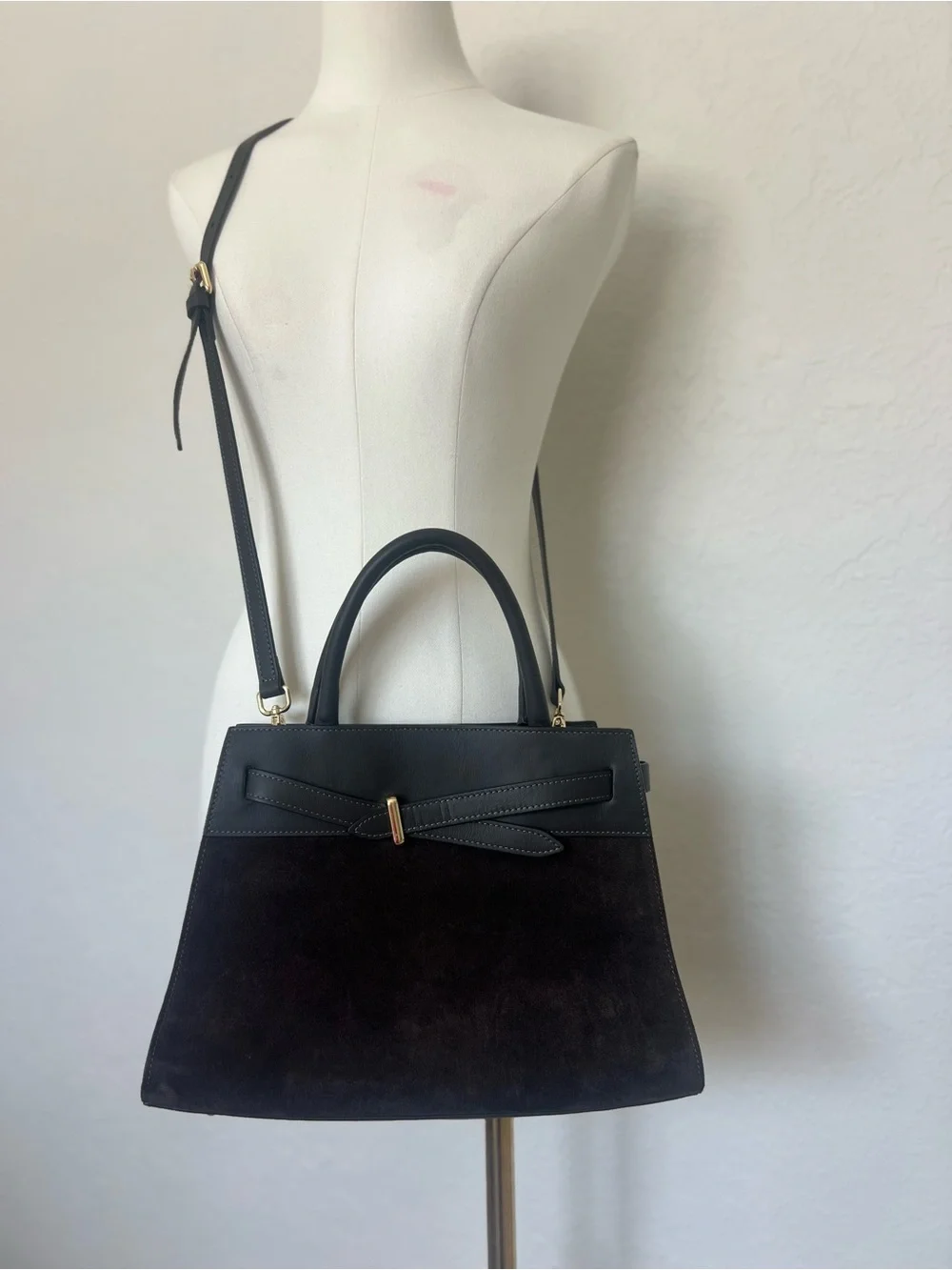 Italian Genuine Leather Suede Satchel Handbag Dark Brown Top Handle Crossbody